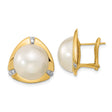 14k Yellow Gold Stud Earrings with White Cultured Pearls and Diamond Accents in Triangular Bezel Setting