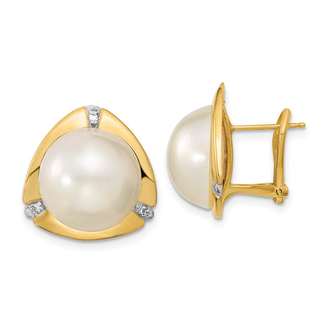 14k Yellow Gold Stud Earrings with White Cultured Pearls and Diamond Accents in Triangular Bezel Setting