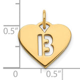 14k Yellow Gold Heart Pendant with Cutout Number 13 Design, Lucky Charm Jewelry