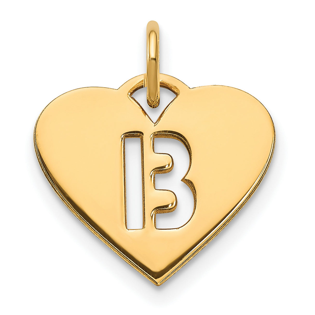 14k Yellow Gold Heart Pendant with Cutout Number 13 Design, Lucky Charm Jewelry