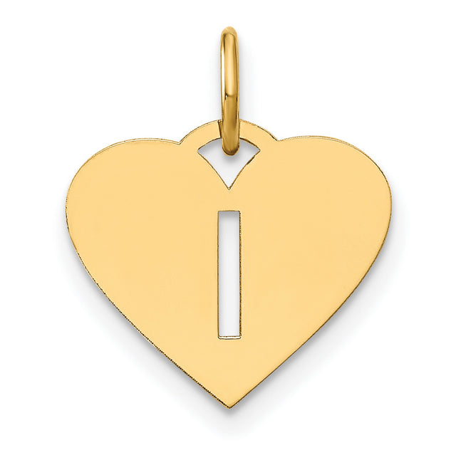 14k Yellow Gold Heart Pendant with Vertical Cutout Letter I, Dainty Initial Charm for Women