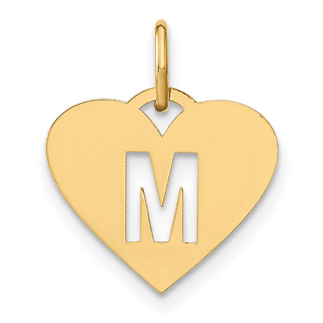 14k Yellow Gold Heart Pendant with Cut-Out Letter M, Minimalist Initial Charm for Women