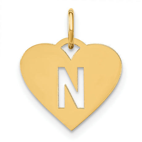 14k Yellow Gold Heart Pendant with Cutout Letter N, Dainty Monogram Charm for Women