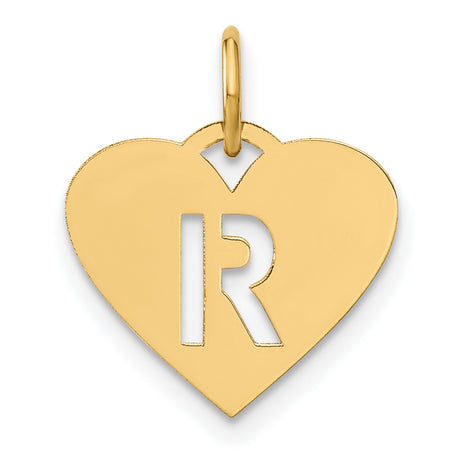 14k Yellow Gold Heart Initial Pendant with Cutout Letter R Charm for Women