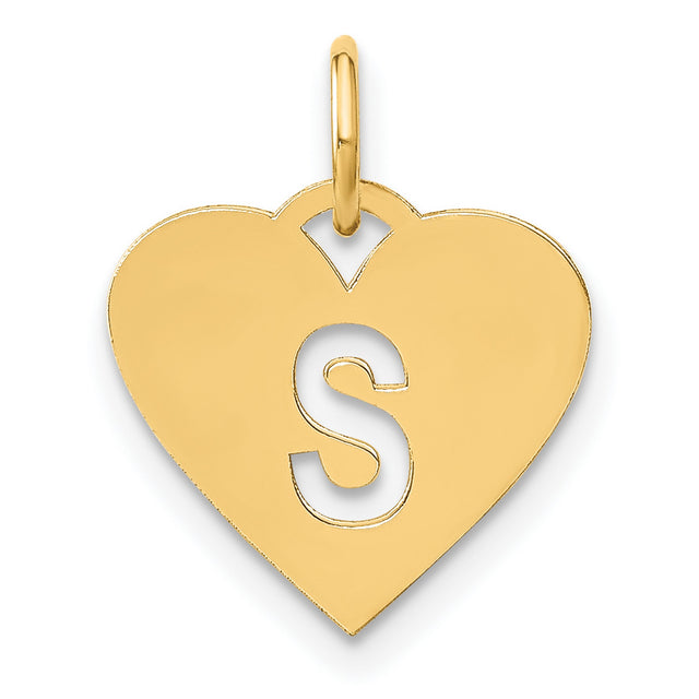 14k Yellow Gold Heart Shaped Pendant with Cutout S Initial, Letter Charm for Women