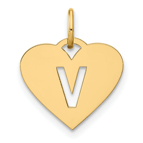 14k Yellow Gold Heart Pendant with Cut-Out Letter V, Dainty Initial Charm for Women
