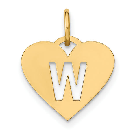 14k Yellow Gold Heart Pendant with Cut-Out Letter W, Initial Charm for Women or Unisex Wear