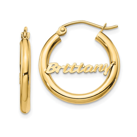 14k Yellow Gold Custom Nameplate Hoop Earring with Brittany in Cursive Script