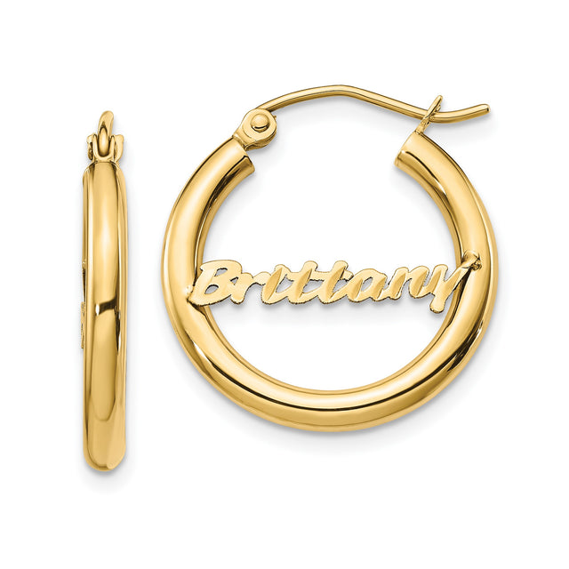14k Yellow Gold Custom Nameplate Hoop Earring with Brittany in Cursive Script