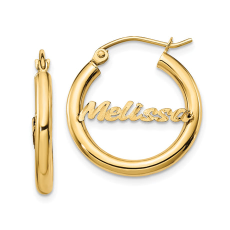 14k Yellow Gold Hoop Earrings with Custom Script Nameplate Design, Personalized for Women
