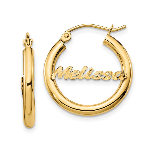 14k Yellow Gold Hoop Earrings with Custom Script Nameplate Design, Personalized for Women