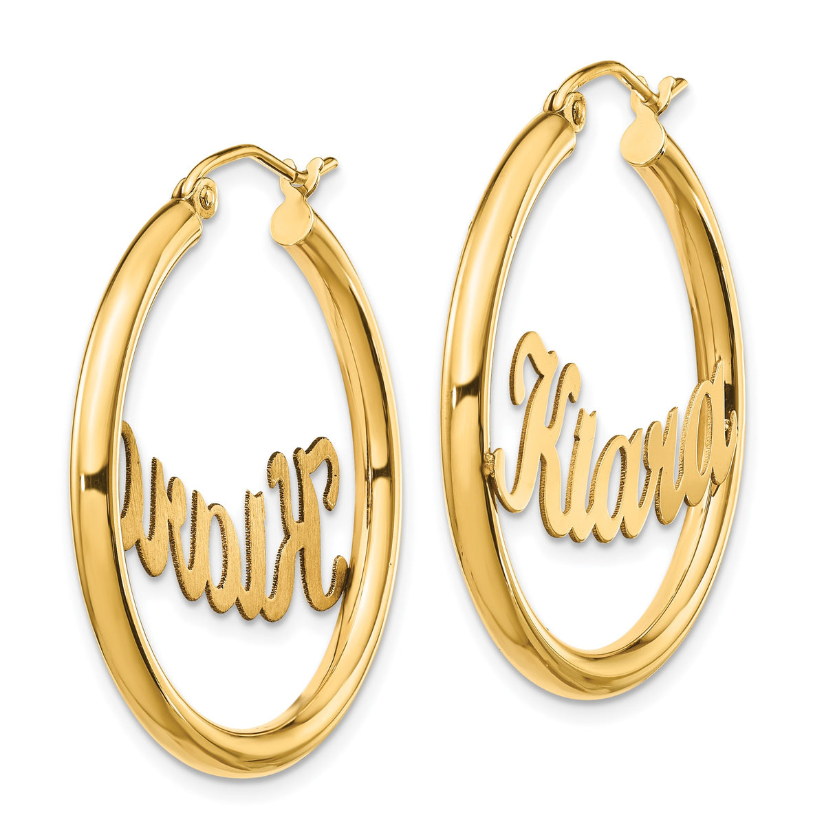 14k Yellow Gold Hoop Earrings with Kiara Script Nameplate, Custom Name Jewelry for Women