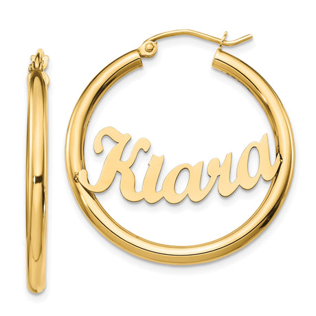 14k Yellow Gold Hoop Earrings with Kiara Script Nameplate, Custom Name Jewelry for Women