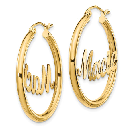 14k Yellow Gold Hoop Earrings with Personalized Nameplate Macie in Script Font