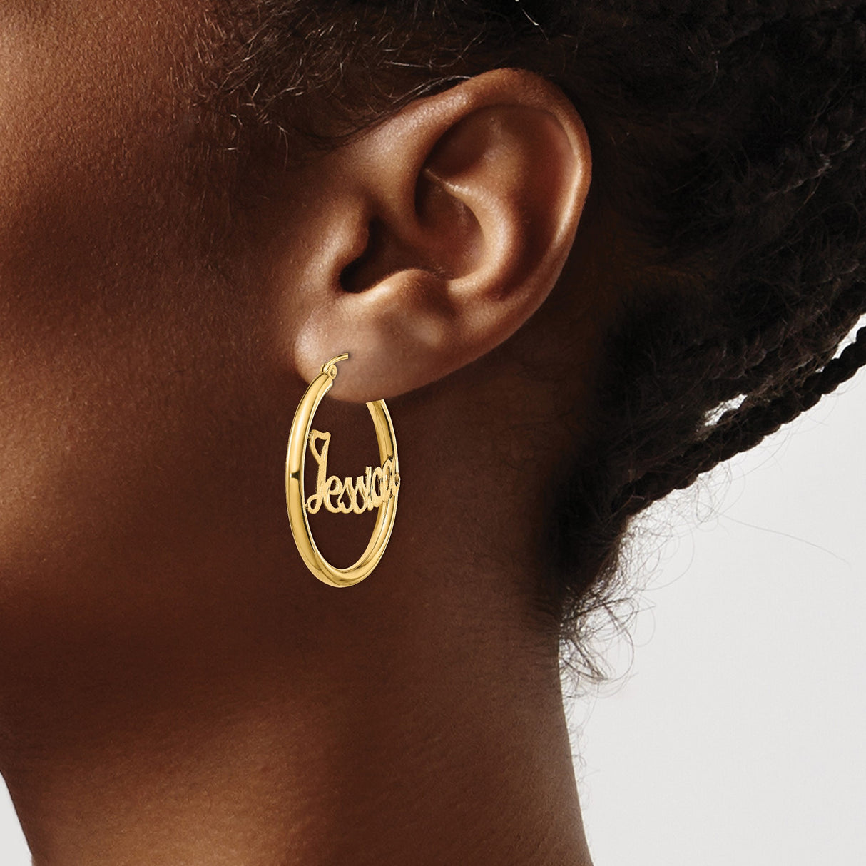 14k Yellow Gold Hoop Earrings with Custom Nameplate Design, Script Font Jessica