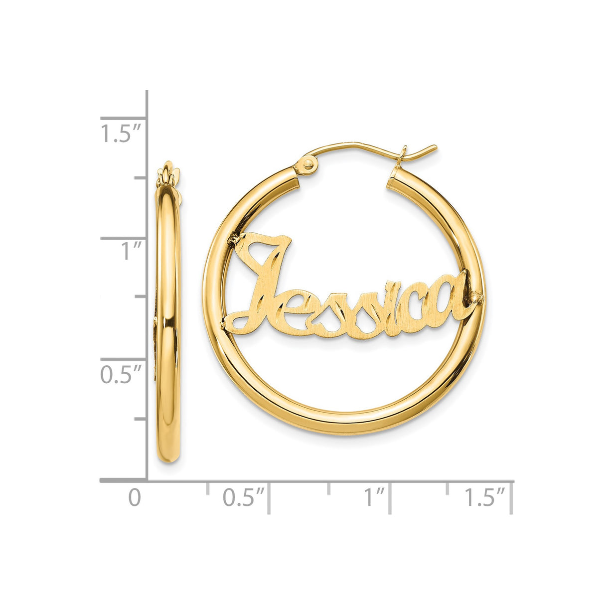 14k Yellow Gold Hoop Earrings with Custom Nameplate Design, Script Font Jessica