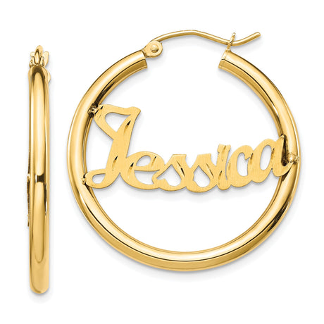 14k Yellow Gold Hoop Earrings with Custom Nameplate Design, Script Font Jessica