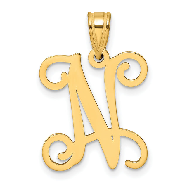 14k Yellow Gold Initial N Pendant, Script Letter Charm, Monogram Jewelry for Women
