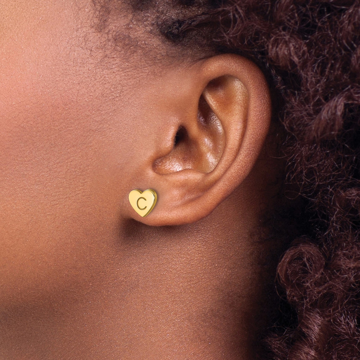 14k Yellow Gold Heart Initial Stud Earrings with Letter C, Dainty Monogram Jewelry for Women