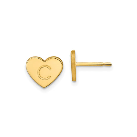 14k Yellow Gold Heart Initial Stud Earrings with Letter C, Dainty Monogram Jewelry for Women