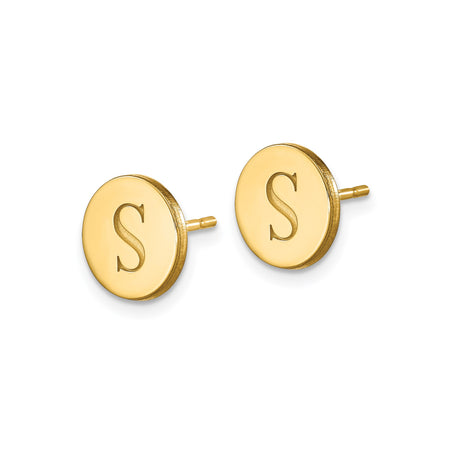 14k Yellow Gold Initial Stud Earring, Polished Round Disc with Letter S, Minimalist Design for Men or Women