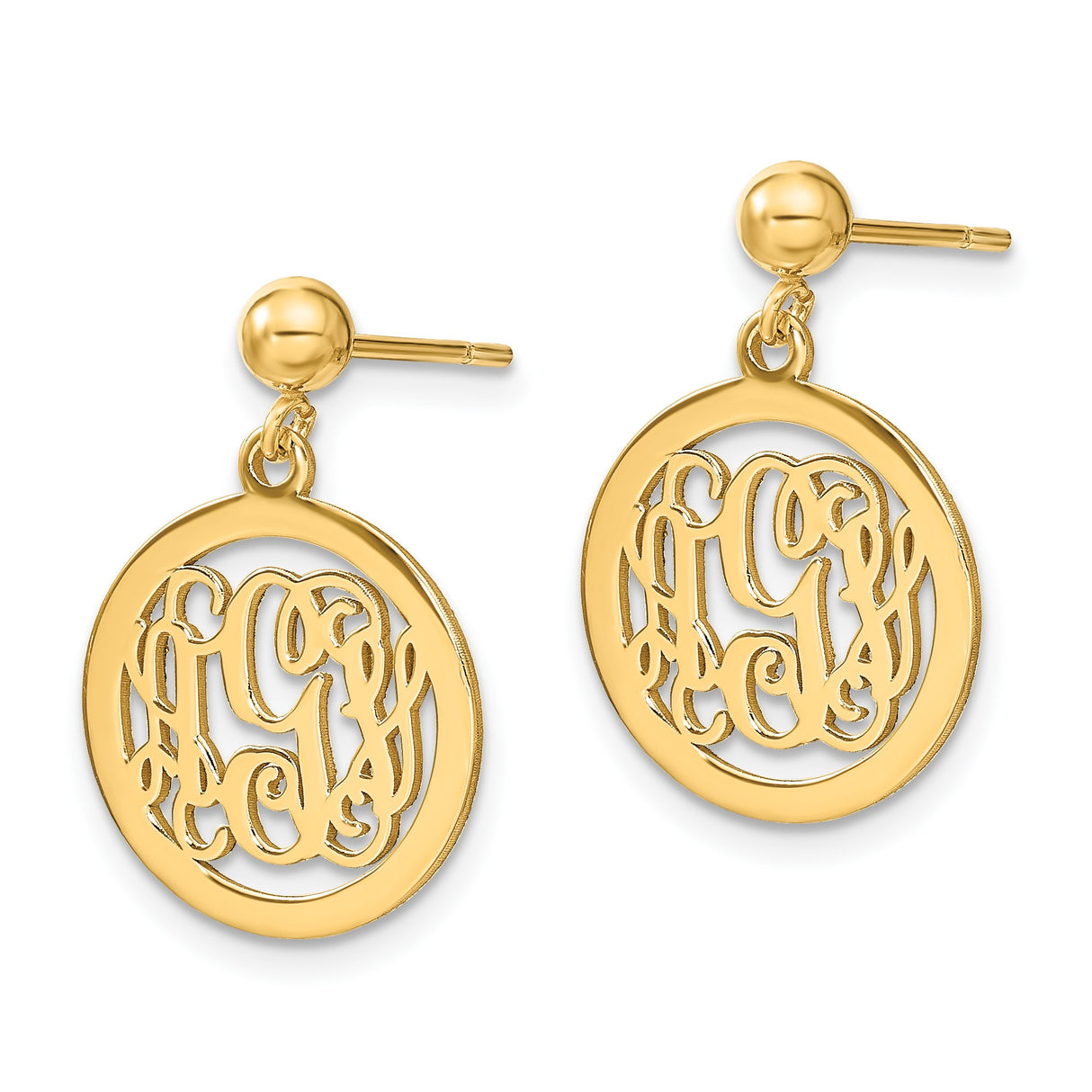 14k Yellow Gold Drop Earrings with Round Cutout Script Monogram Initials