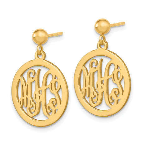 14k Yellow Gold Drop Earrings with Custom Script Monogram in Round Frame for Women