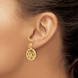 14k Yellow Gold Drop Earrings with Custom Script Monogram in Round Frame for Women