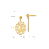 14k Yellow Gold Drop Earrings with Custom Script Monogram in Round Frame for Women