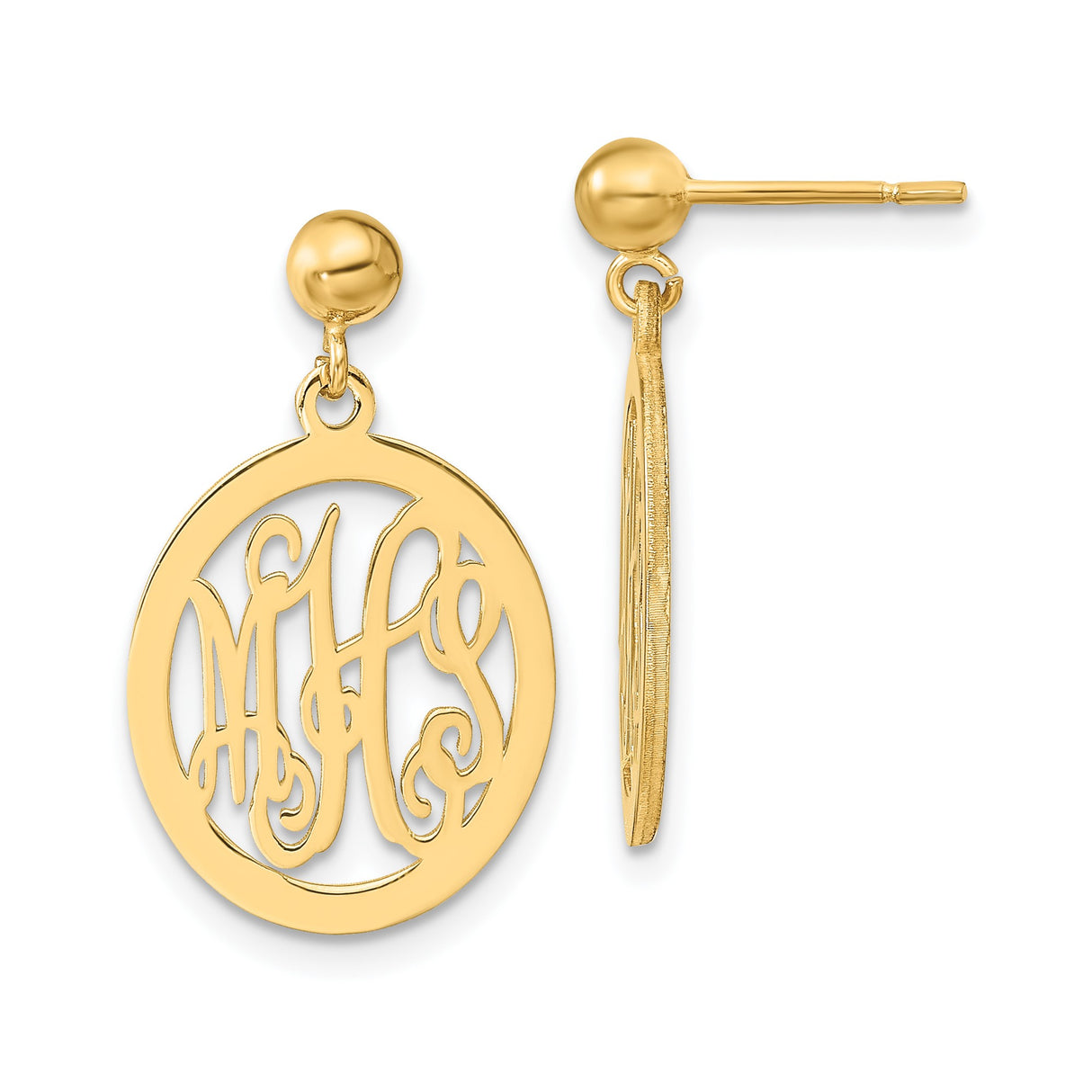 14k Yellow Gold Drop Earrings with Custom Script Monogram in Round Frame for Women