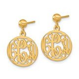 14k Yellow Gold Monogram Dangle Earrings with Cutout Script Initials, Round Disc Design