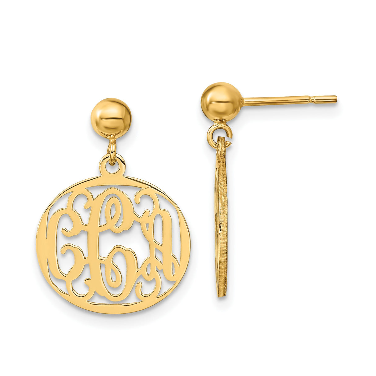 14k Yellow Gold Monogram Dangle Earrings with Cutout Script Initials, Round Disc Design