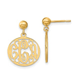 14k Yellow Gold Monogram Dangle Earrings with Cutout Script Initials, Round Disc Design