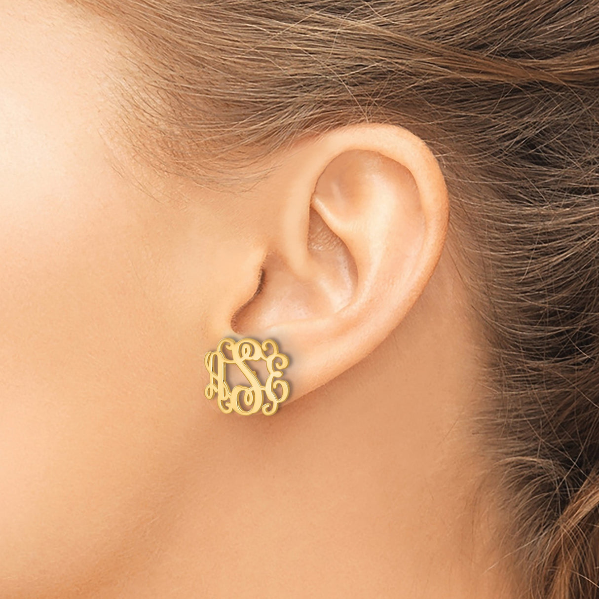14k Yellow Gold Monogram Stud Earrings, Ornate Script Initial Design for Women