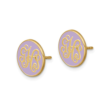 14k Yellow Gold Stud Earring with Round Lavender Enamel and Script Monogram Design