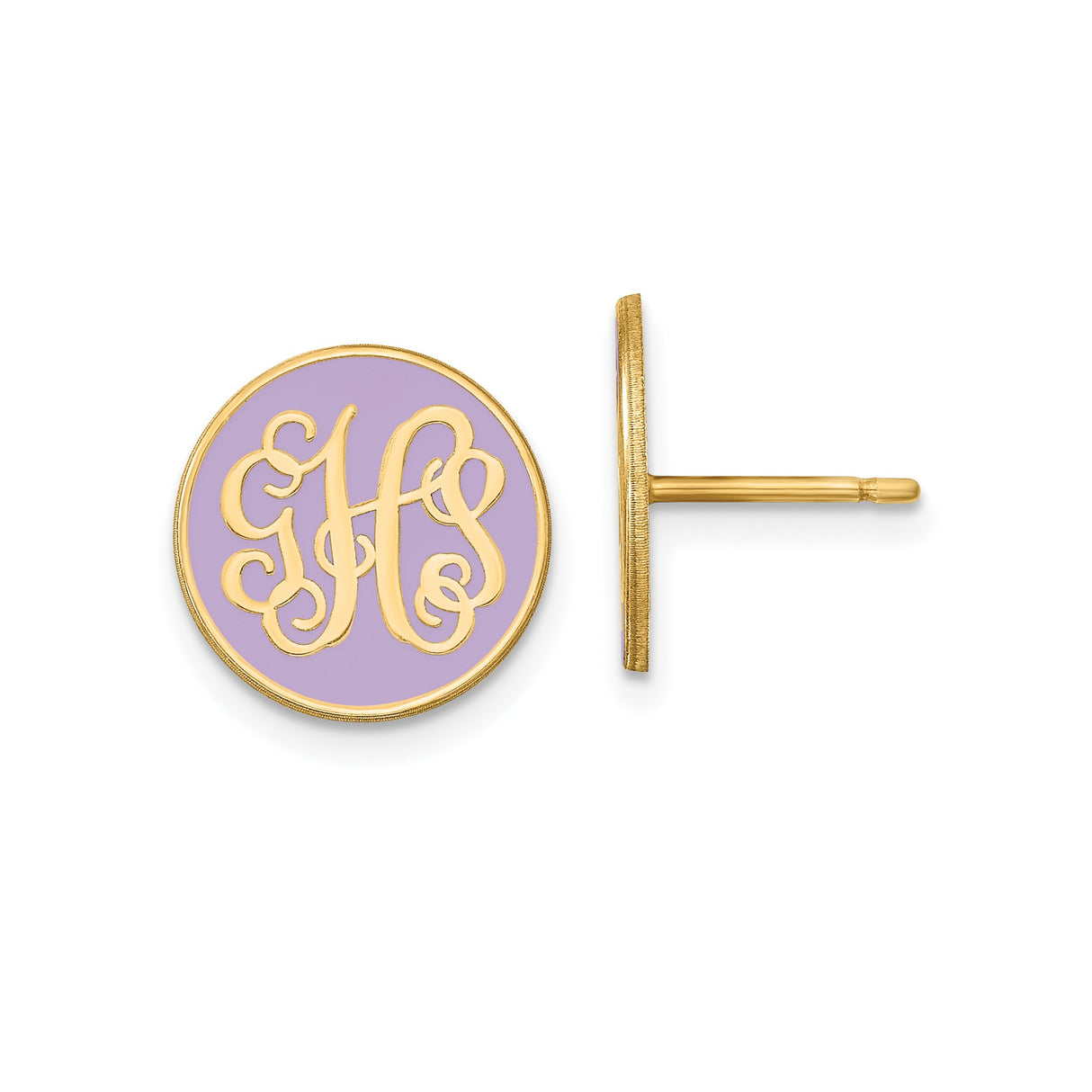Sterling Silver Monogram Stud Earrings with Lavender Enamel, Script HS Initial Design