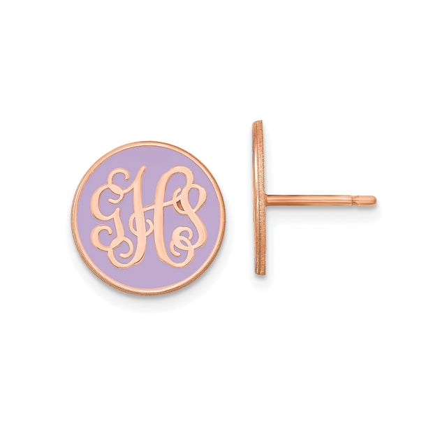 14k Rose Gold Monogram Stud Earrings with Script Initial and Lavender Enamel