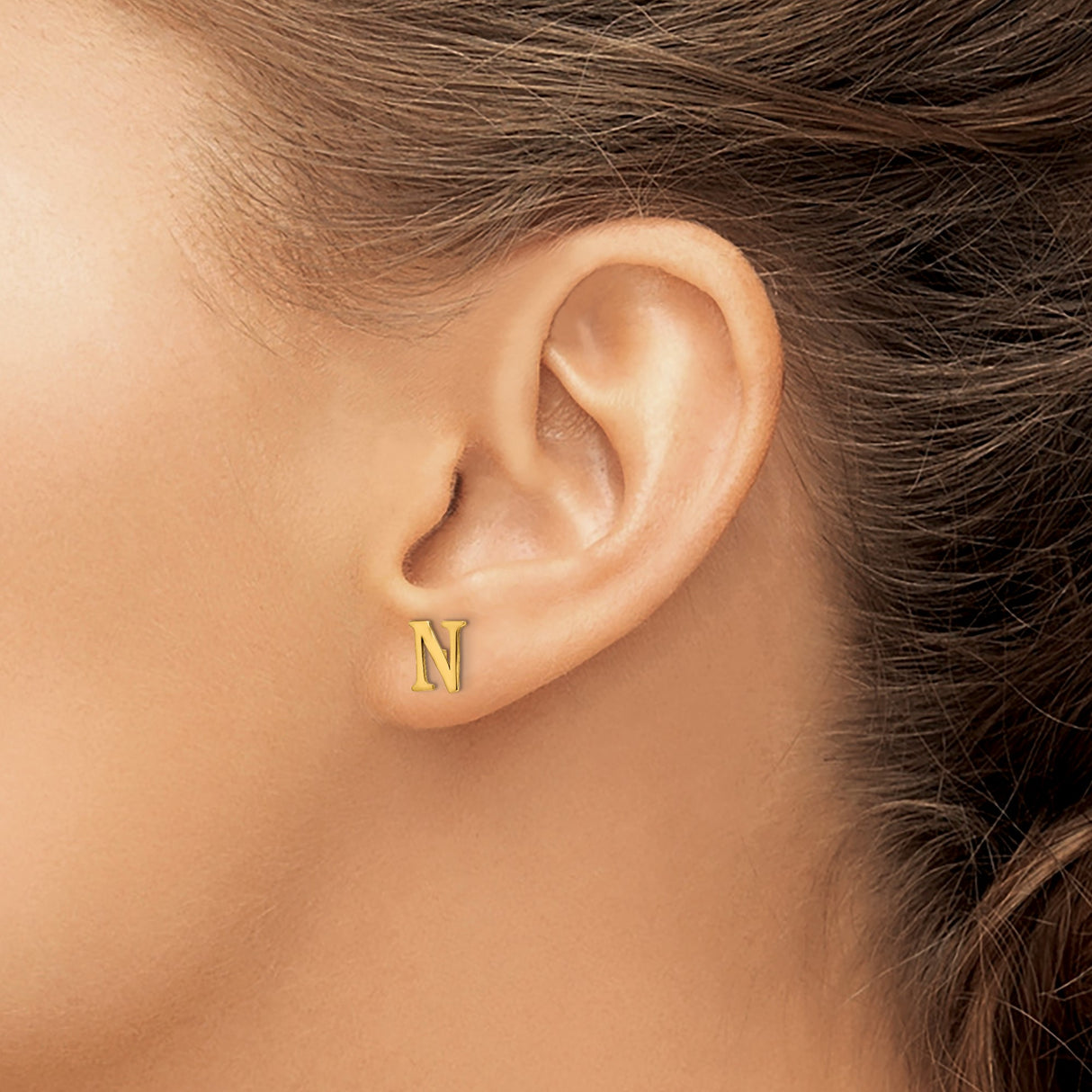 Sterling Silver Letter N Stud Earrings, Gold Plated Serif Initial Design for Women
