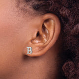 Sterling Silver Letter B Stud Earring, Rhodium Plated Block Initial, Minimalist Unisex Jewelry