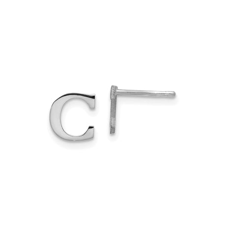 Sterling Silver Letter C Stud Earrings, Rhodium Plated Alphabet Monogram Design for Women