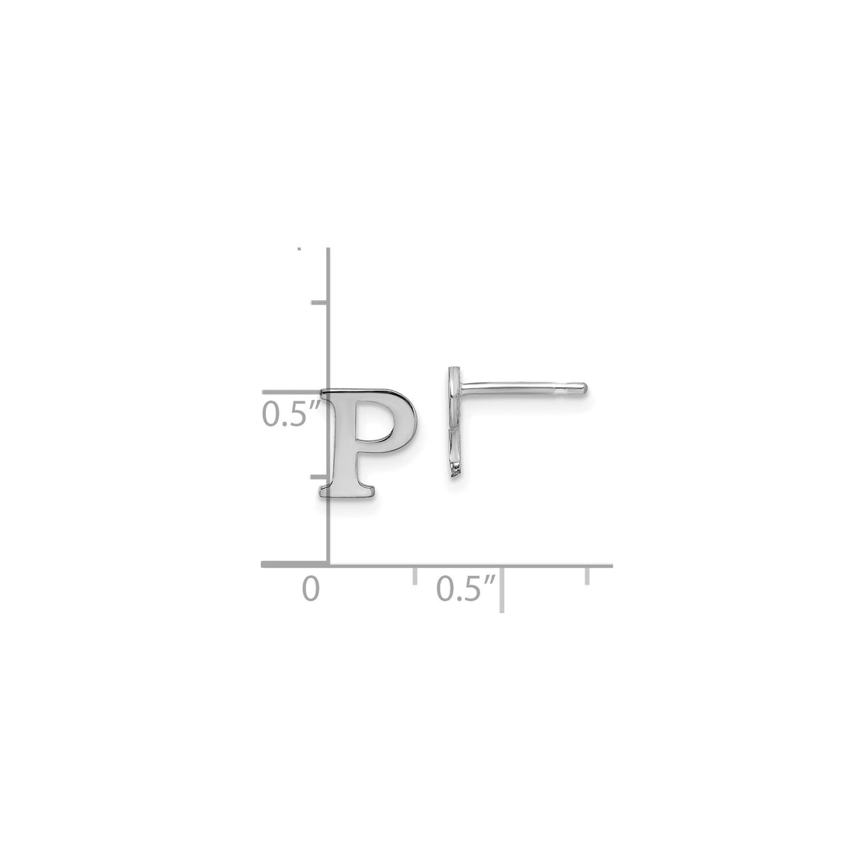 Sterling Silver Initial Stud Earring, Polished Block Letter P Design, Rhodium Plated
