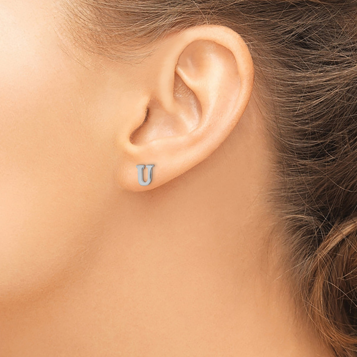 Sterling Silver Letter U Stud Earring, Polished Block Initial Design, Minimalist Alphabet Jewelry