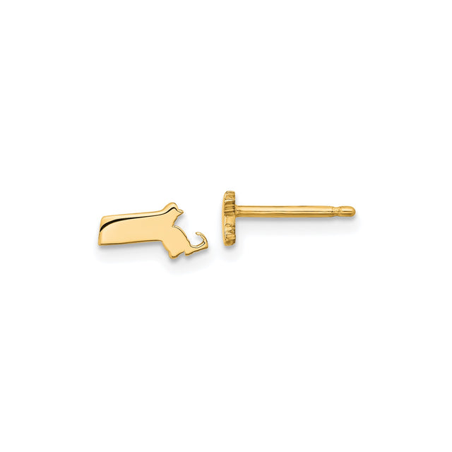 14k Yellow Gold Massachusetts Outline Stud Earrings, Minimalist State Map Design