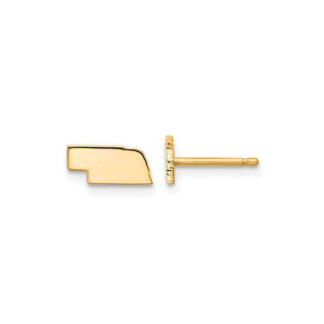 14k Yellow Gold Nebraska State Stud Earrings, Polished Silhouette Map Design, Unisex Jewelry