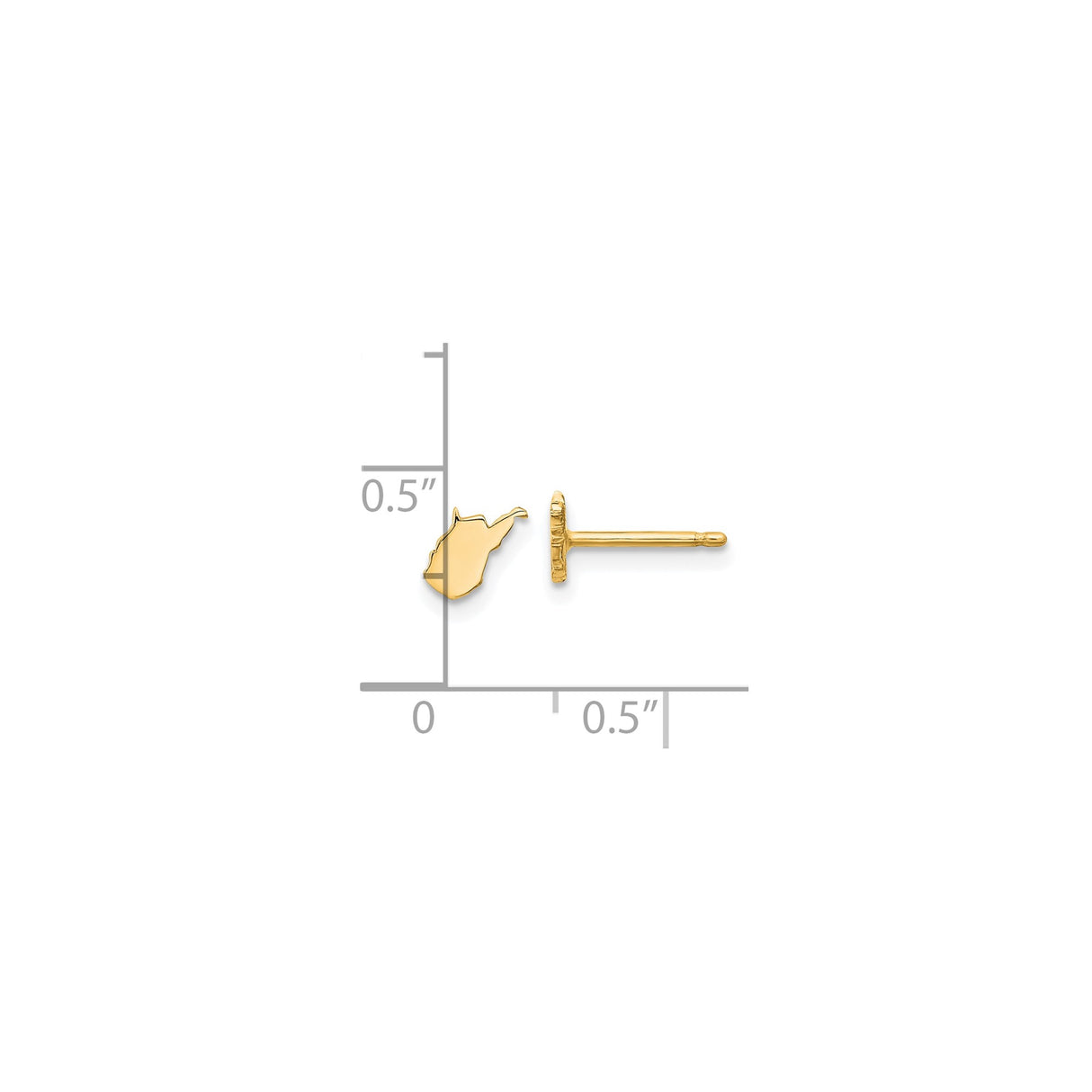 14k Yellow Gold West Virginia State Shaped Earrings, Minimal Studs for Women or Unisex Wear
