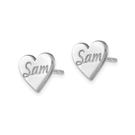 14k White Gold Heart Shaped Stud Earrings with Custom Name Sam, Personalized Jewelry for Women