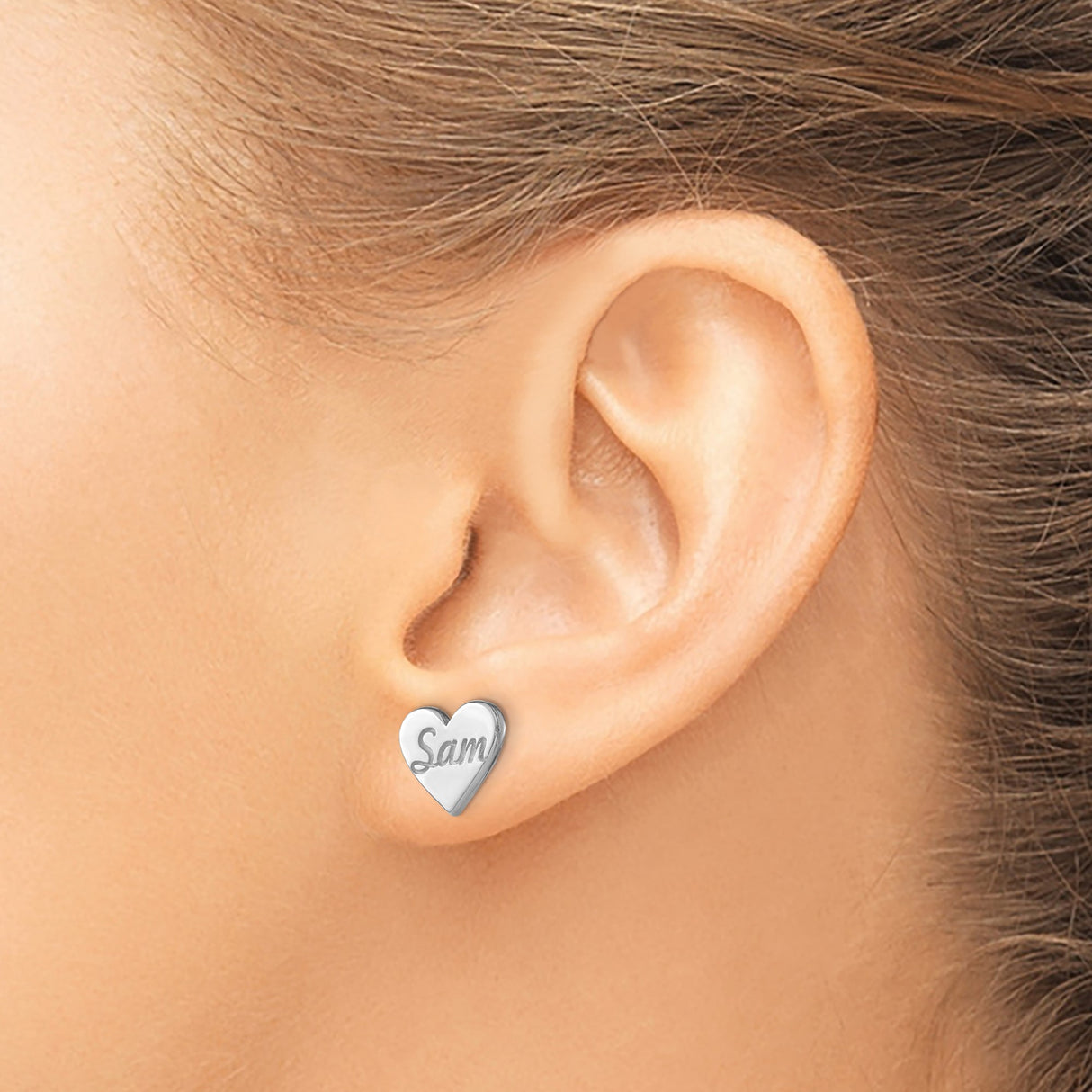 14k White Gold Heart Shaped Stud Earrings with Custom Name Sam, Personalized Jewelry for Women