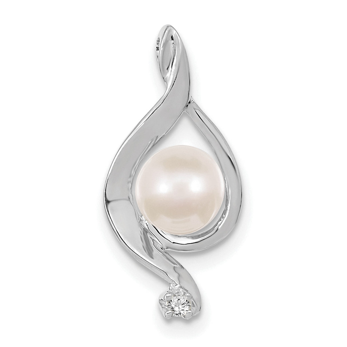 14k White Gold Pendant with Cultured Pearl and Diamond Accent, Teardrop Swirl Design