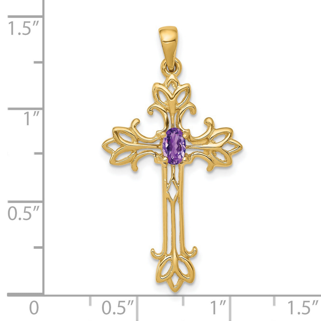 14k Yellow Gold Cross Pendant with Oval Amethyst, Ornate Filigree Christian Jewelry for Women