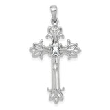 14k White Gold Cross Pendant with Clear Cubic Zirconia and Filigree Design for Women